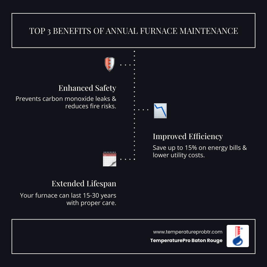 Infographic showing three main benefits of annual furnace maintenance: a shield icon representing safety and carbon monoxide prevention, a dollar sign with downward arrow showing 15% energy efficiency improvement and lower utility bills, and a calendar icon indicating extended system lifespan of 15-30 years with proper care - furnace maintenance in st. gabriel la infographic infographic-line-3-steps-dark