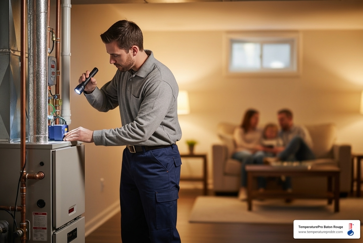 Infographic showing the key benefits of annual furnace maintenance in Denham Springs LA including extended system lifespan by up to 50 percent, reduced energy consumption by up to 15 percent, fewer emergency breakdowns, improved indoor air quality through clean filters, and enhanced home safety with carbon monoxide checks - furnace maintenance in denham springs la