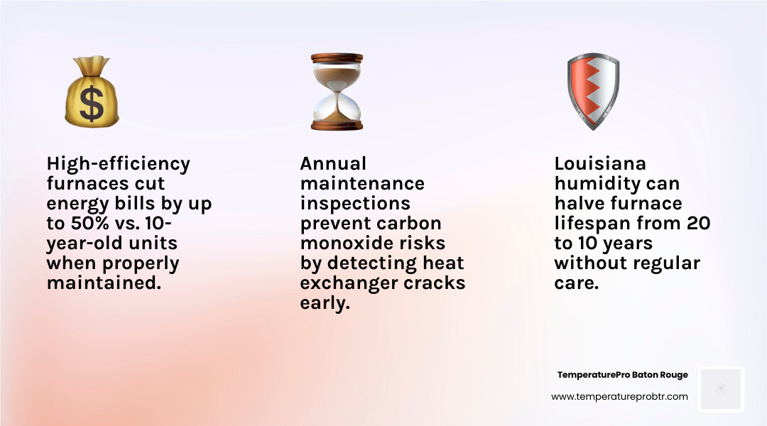 infographic showing annual furnace maintenance benefits including energy savings up to 50 percent, extended equipment lifespan from 10 to 20 years in humid climates, improved indoor air quality through filter replacement and component cleaning, carbon monoxide safety through heat exchanger inspection, and optimal blower performance for both heating and cooling - furnace maintenance in french settlement la infographic 3_facts_emoji_light-gradient