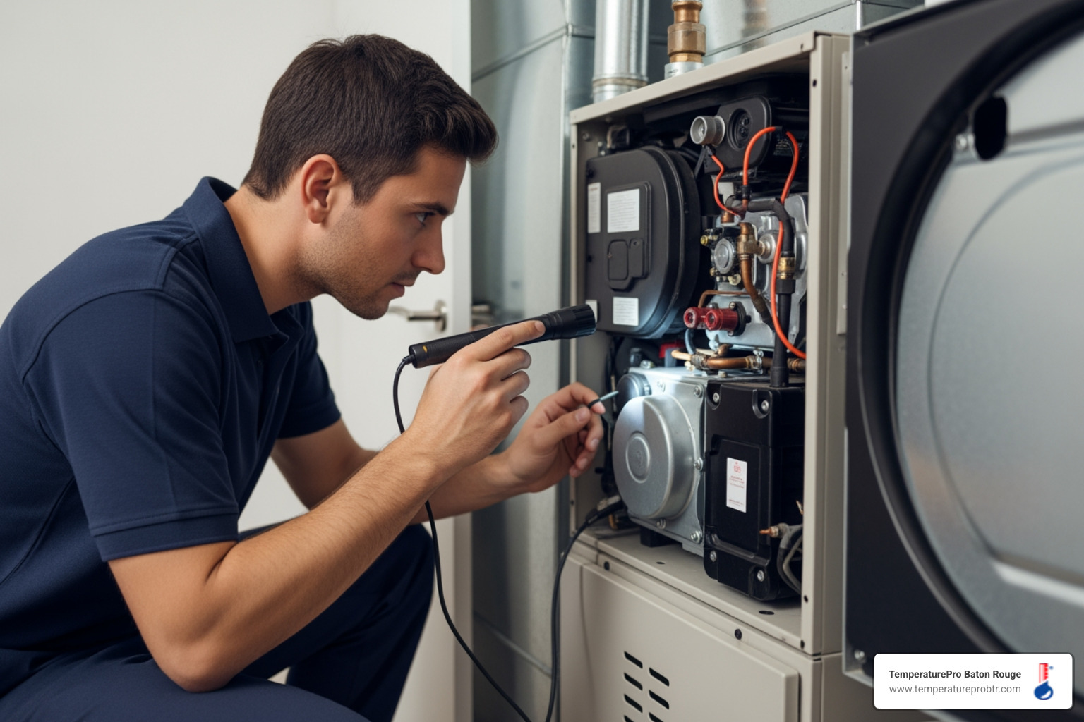 Infographic showing the complete furnace maintenance process from filter replacement and thermostat check through professional inspection of heat exchanger, burners, blower motor, and safety controls, with seasonal timing recommendations for Prairieville homeowners - furnace maintenance in prairieville la