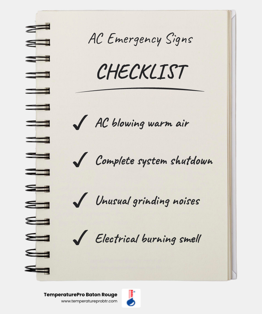 Infographic showing signs of an HVAC emergency in Baton Rouge: AC blowing warm air, complete system shutdown, unusual grinding or banging noises, electrical burning smell, thermostat unresponsive, home not reaching set temperature, and steps to take including checking thermostat, circuit breaker, and air filter before calling 24/7 emergency repair - "My AC isn't cooling my house in Baton Rouge. Who offers 24/7 emergency repair services?" infographic checklist-notebook