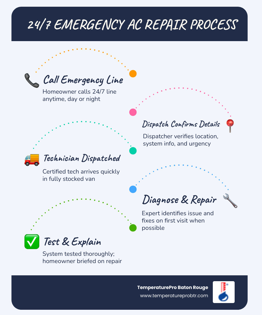 Infographic showing the 24/7 emergency AC repair process in Zachary LA: Step 1 - Homeowner calls emergency line anytime day or night; Step 2 - Dispatcher confirms location and system details; Step 3 - Certified technician is dispatched with a fully stocked service vehicle; Step 4 - Technician diagnoses the problem on arrival; Step 5 - Repair is completed in a single visit when possible; Step 6 - System is tested and homeowner is walked through what was fixed; Key facts included: Zachary humidity averages above 70%, heat index regularly exceeds 100°F in summer, most common emergency repairs include refrigerant leaks, frozen coils, and electrical failures - best 24 hour ac repair in zachary, la infographic infographic-line-5-steps-blues-accent_colors