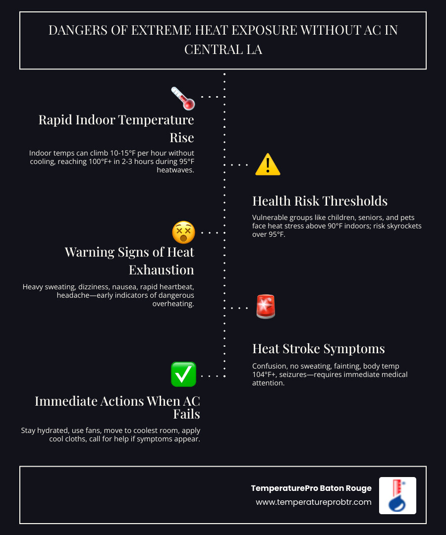 Infographic showing the dangers of extreme heat exposure indoors without air conditioning, including rising indoor temperatures by hour, health risk thresholds for vulnerable groups like children and seniors, warning signs of heat exhaustion and heat stroke, and a step-by-step guide for what to do immediately when AC fails in Central Louisiana summer heat - 24 hour ac repair in central la infographic infographic-line-5-steps-dark Infographic showing the dangers of extreme heat exposure indoors without air conditioning, including rising indoor temperatures by hour, health risk thresholds for vulnerable groups like children and seniors, warning signs of heat exhaustion and heat stroke, and a step-by-step guide for what to do immediately when AC fails in Central Louisiana summer heat - 24 hour ac repair in central la infographic infographic-line-5-steps-dark