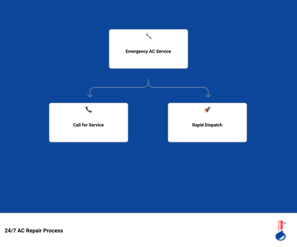 Infographic showing the 24/7 emergency AC repair process in French Settlement LA: Step 1 - Homeowner calls for emergency service; Step 2 - Local technician is dispatched rapidly; Step 3 - Technician arrives with fully stocked service vehicle; Step 4 - System is diagnosed on-site; Step 5 - Repair is completed in a single visit when possible; Step 6 - Technician explains findings and long-term options to homeowner; includes icons for each step, Louisiana heat imagery, and a note about common emergencies including complete failure, refrigerant leaks, electrical issues, loud noises, and water leaks - 24 hour ac repair in french settlement la infographic hierarchy Infographic showing the 24/7 emergency AC repair process in French Settlement LA: Step 1 - Homeowner calls for emergency service; Step 2 - Local technician is dispatched rapidly; Step 3 - Technician arrives with fully stocked service vehicle; Step 4 - System is diagnosed on-site; Step 5 - Repair is completed in a single visit when possible; Step 6 - Technician explains findings and long-term options to homeowner; includes icons for each step, Louisiana heat imagery, and a note about common emergencies including complete failure, refrigerant leaks, electrical issues, loud noises, and water leaks - 24 hour ac repair in french settlement la infographic hierarchy