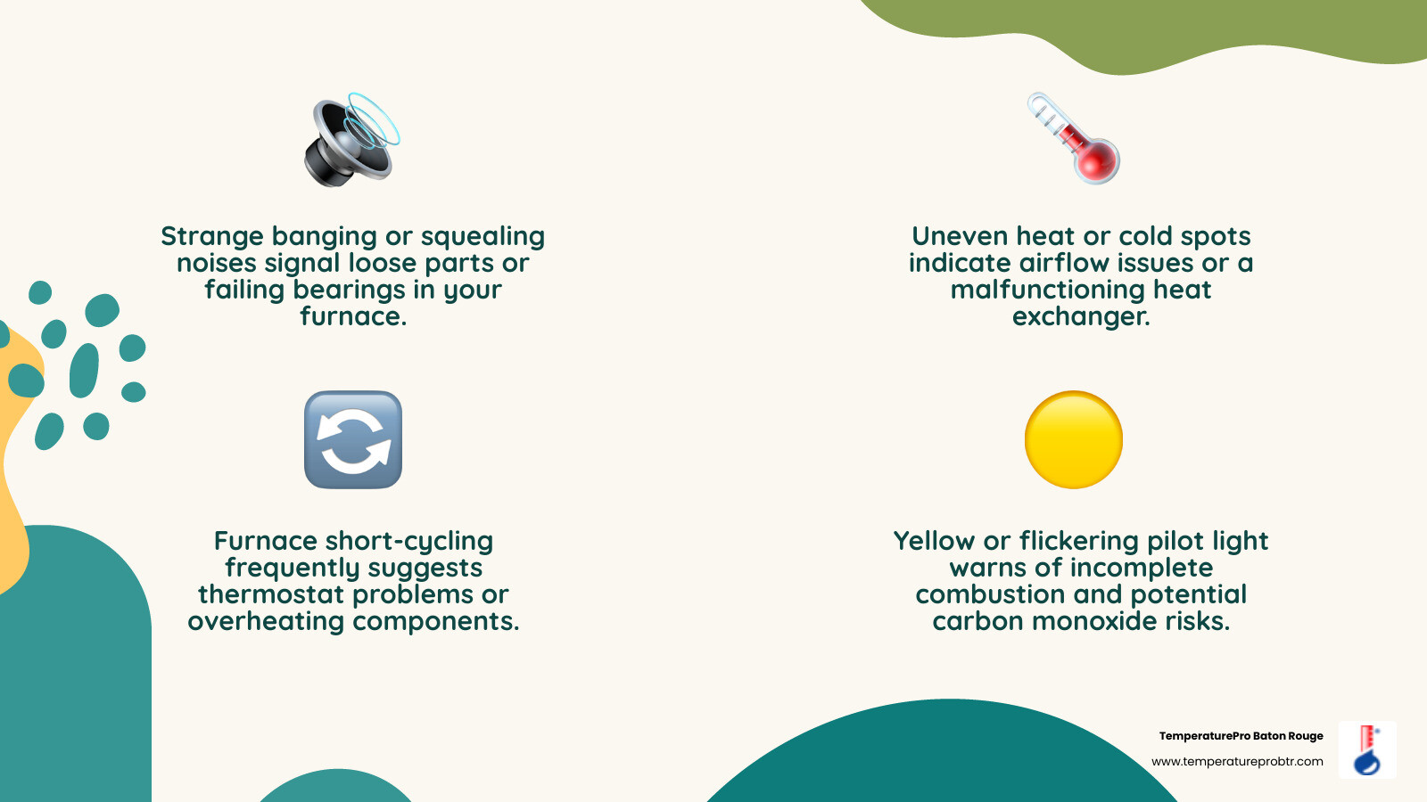 Infographic showing: Top 5 signs your furnace needs repair in Walker LA - 1) Strange banging or squealing noises, 2) Uneven heat or cold spots in rooms, 3) Furnace short-cycling on and off frequently, 4) Yellow or flickering pilot light instead of blue, 5) Sudden spike in energy bills - with a simple diagram of a gas furnace showing key components including the heat exchanger, burner, blower motor, thermostat connection, and air filter, and callout tips for Walker's humid climate effects on each component - furnace repair in walker la infographic 4_facts_emoji_nature Infographic showing: Top 5 signs your furnace needs repair in Walker LA - 1) Strange banging or squealing noises, 2) Uneven heat or cold spots in rooms, 3) Furnace short-cycling on and off frequently, 4) Yellow or flickering pilot light instead of blue, 5) Sudden spike in energy bills - with a simple diagram of a gas furnace showing key components including the heat exchanger, burner, blower motor, thermostat connection, and air filter, and callout tips for Walker's humid climate effects on each component - furnace repair in walker la infographic 4_facts_emoji_nature