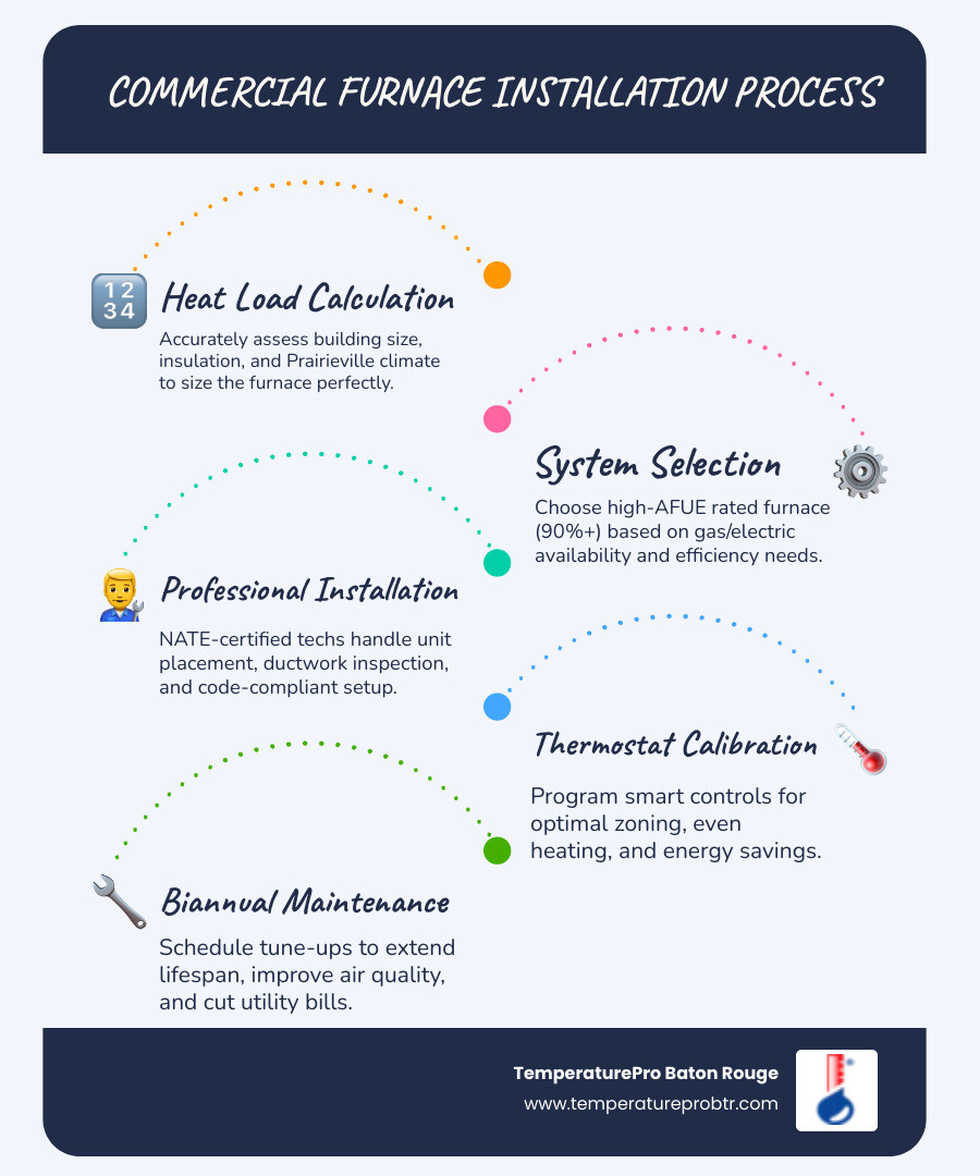Infographic showing the step-by-step process of commercial furnace installation in Prairieville LA, including heat load calculation, system selection based on AFUE ratings, professional installation by NATE-certified technicians, ductwork inspection, thermostat calibration, and a biannual maintenance schedule, alongside benefits such as improved indoor air quality, lower energy bills, and extended system lifespan - commercial furnace installation in prairieville, la infographic infographic-line-5-steps-blues-accent_colors