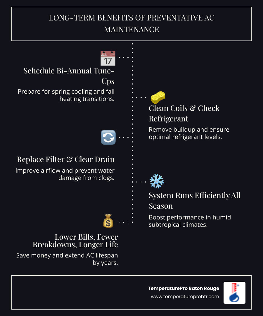Infographic showing the long-term benefits of preventative AC maintenance in Gonzales LA: a vertical flow chart with five steps — Schedule Bi-Annual Tune-Ups → Technician Cleans Coils and Checks Refrigerant → Filter Replaced and Drain Cleared → System Runs Efficiently All Season → Lower Bills, Fewer Breakdowns, Longer System Life — with icons for energy savings, air quality, and system lifespan alongside a Louisiana humidity stat and a note that systems over 7 years old need closer attention - ac maintenance services in gonzales, la infographic infographic-line-5-steps-dark