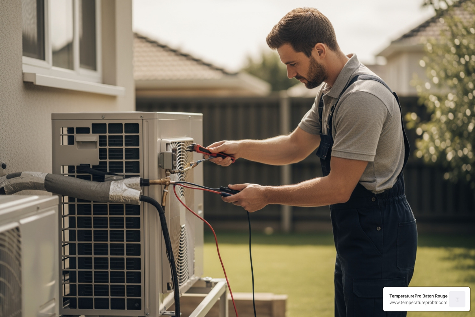 HVAC technician inspecting outdoor heat pump unit - 24 hour heat pump repair in baton rouge, la
