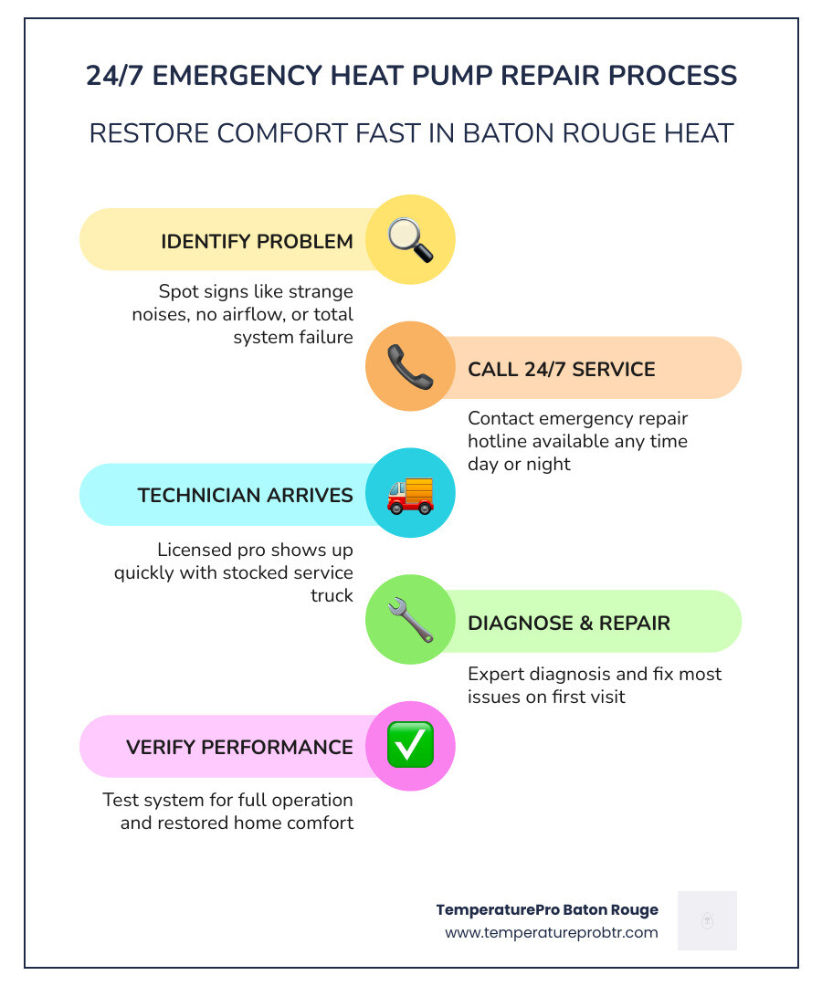 Infographic showing emergency heat pump repair process: Step 1 - Identify the problem (strange noises, no airflow, system failure), Step 2 - Call 24/7 emergency service, Step 3 - Licensed technician arrives with stocked parts, Step 4 - Diagnosis and same-visit repair, Step 5 - Performance verification and comfort restored - 24 hour heat pump repair in baton rouge, la infographic infographic-line-5-steps-colors