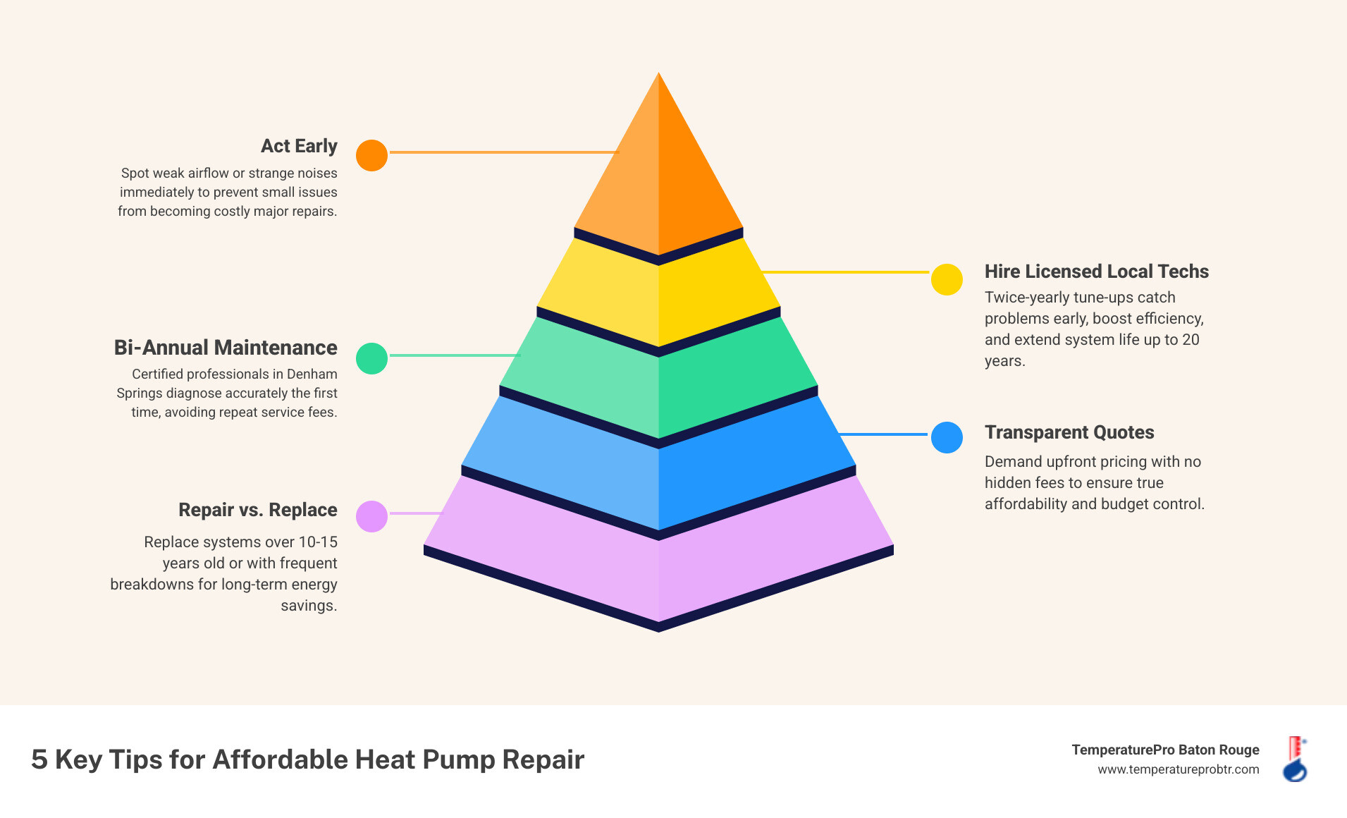 Infographic showing 5 key tips for affordable heat pump repair in Denham Springs LA: act early on warning signs, hire licensed local technicians, schedule bi-annual maintenance, get upfront transparent quotes, and know the repair vs replace threshold at 10-15 years system age - with icons for each tip and a note that well-maintained heat pumps last 15-20 years - affordable heat pump repair in denham springs, la infographic pyramid-hierarchy-5-steps
