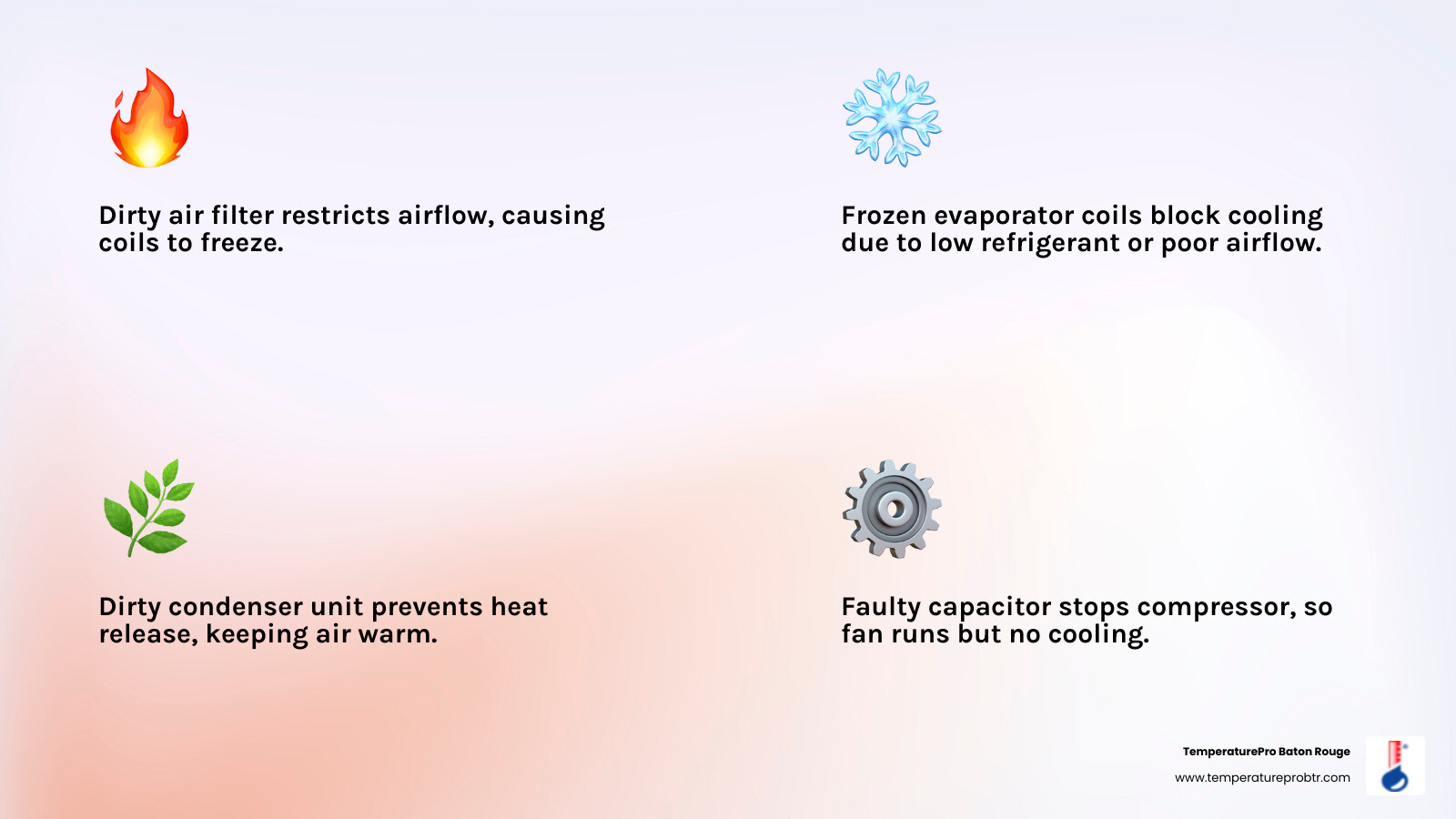 Infographic showing AC running but not cooling causes from thermostat to refrigerant to condenser - why is my ac running but Infographic showing AC running but not cooling causes from thermostat to refrigerant to condenser - why is my ac running but