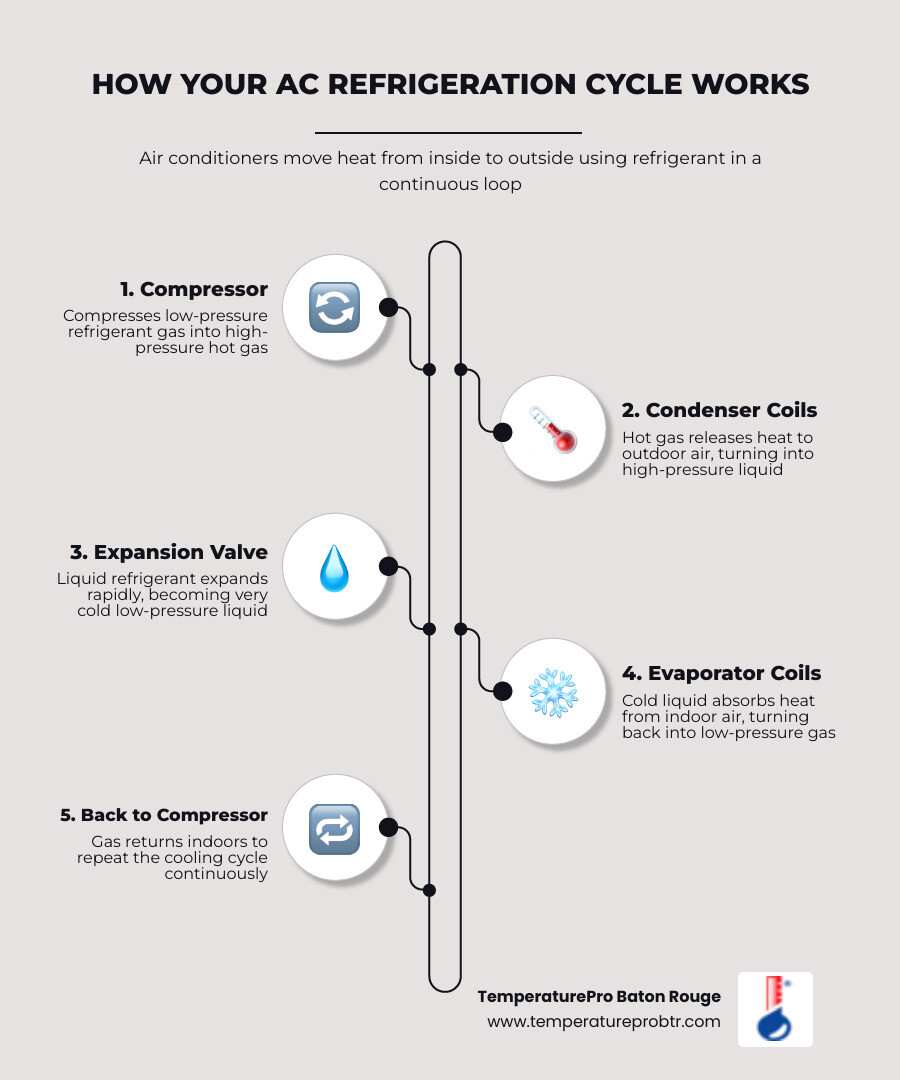 Infographic showing common causes of AC blowing warm air and the refrigeration cycle - why is my ac blowing warm air