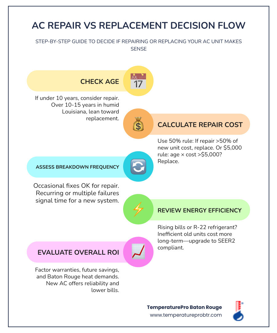 Step-by-step decision flow chart for AC repair vs replacement based on age, cost, and efficiency - how to decide between ac