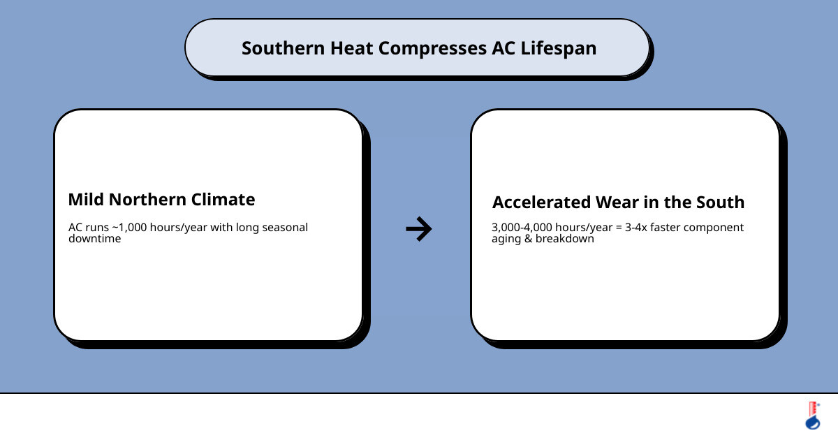 Infographic showing how 3000+ annual run hours in southern climates compress AC lifespan compared to national averages Infographic showing how 3000+ annual run hours in southern climates compress AC lifespan compared to national averages