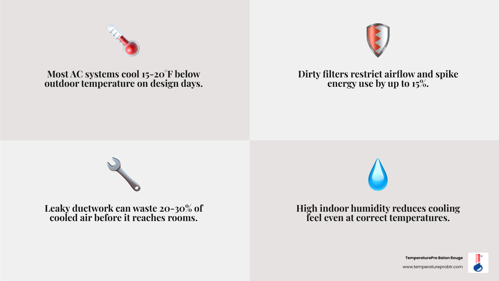 Infographic showing the 20-degree AC cooling differential rule and common reasons an AC can't keep up with heat - when your