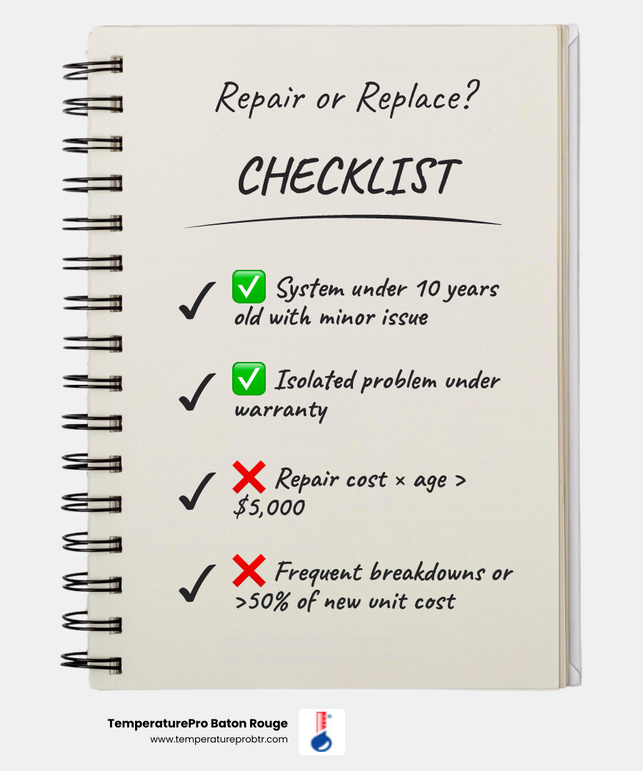 Decision tree infographic showing when to repair vs replace an AC unit in Louisiana based on age, cost, and climate factors