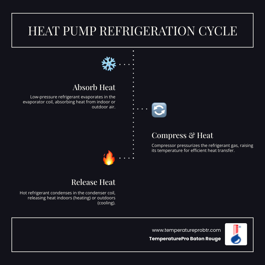 Infographic showing the basic refrigeration cycle of a heat pump in heating and cooling modes - how does a heat pump work