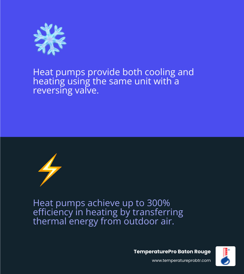 Infographic: heat pump vs AC only system comparison for cooling, heating, efficiency, and climate suitability - heat pump vs