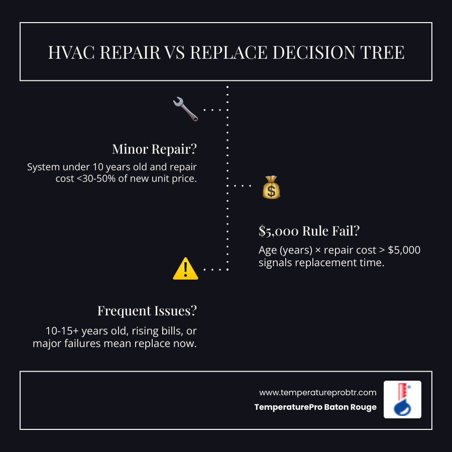 Infographic showing HVAC repair vs replace decision tree with age thresholds, cost rules, and warning signs - when to repair Infographic showing HVAC repair vs replace decision tree with age thresholds, cost rules, and warning signs - when to repair