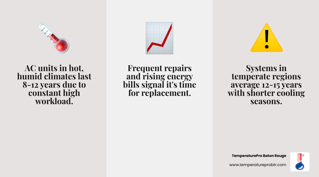 Infographic showing AC lifespan in hot humid climates vs temperate climates with key replacement decision triggers - when Infographic showing AC lifespan in hot humid climates vs temperate climates with key replacement decision triggers - when