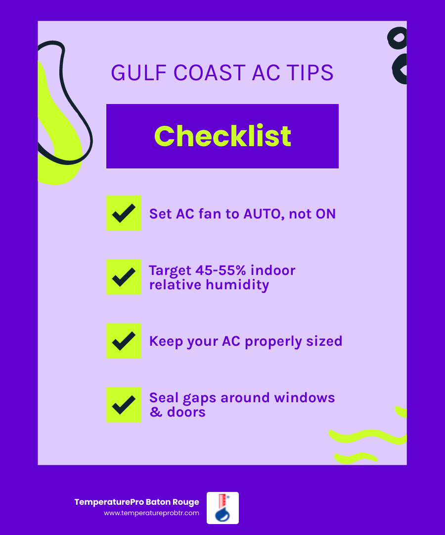infographic showing how Gulf Coast AC systems remove moisture and key humidity control tips for homeowners - ac and humidity