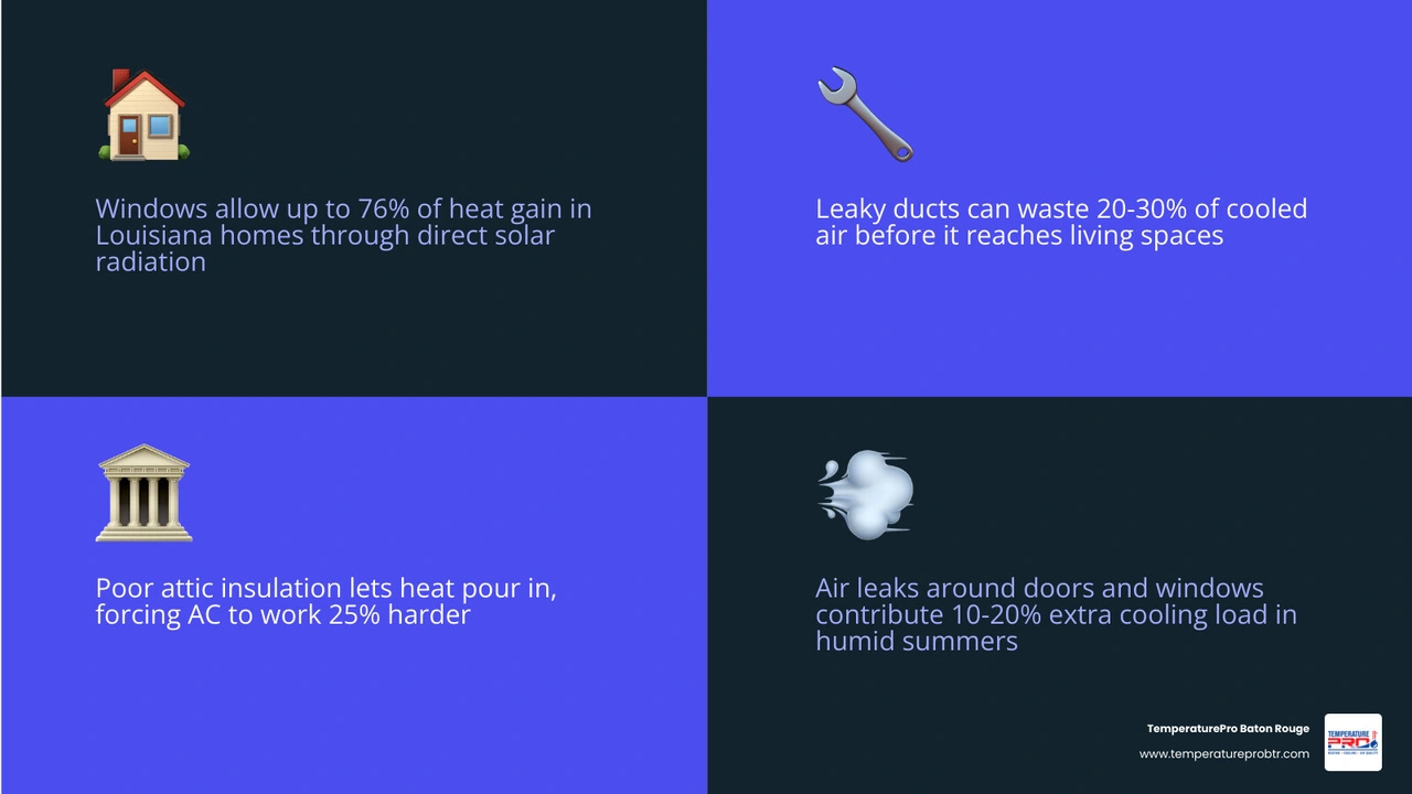 Infographic showing how heat enters a Louisiana home through windows, ducts, attic, and air leaks - how to lower ac bills Infographic showing how heat enters a Louisiana home through windows, ducts, attic, and air leaks - how to lower ac bills
