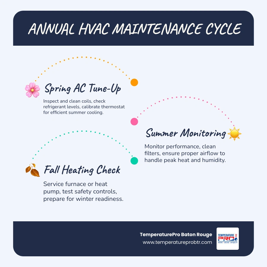 Annual HVAC maintenance plan cycle infographic showing spring AC tune-up, summer monitoring, fall heating check, and winter Annual HVAC maintenance plan cycle infographic showing spring AC tune-up, summer monitoring, fall heating check, and winter