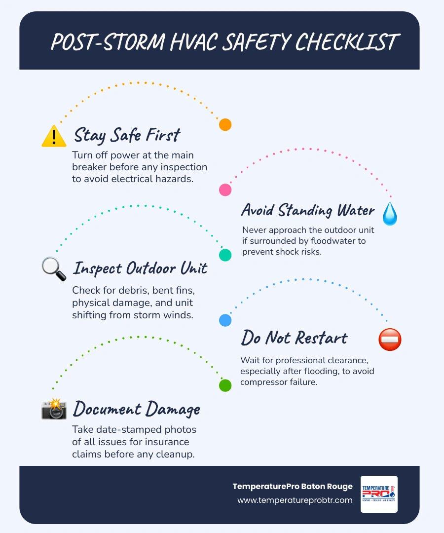 Post storm HVAC checklist infographic showing 8 steps for Louisiana homeowners after a hurricane - post storm hvac checklist