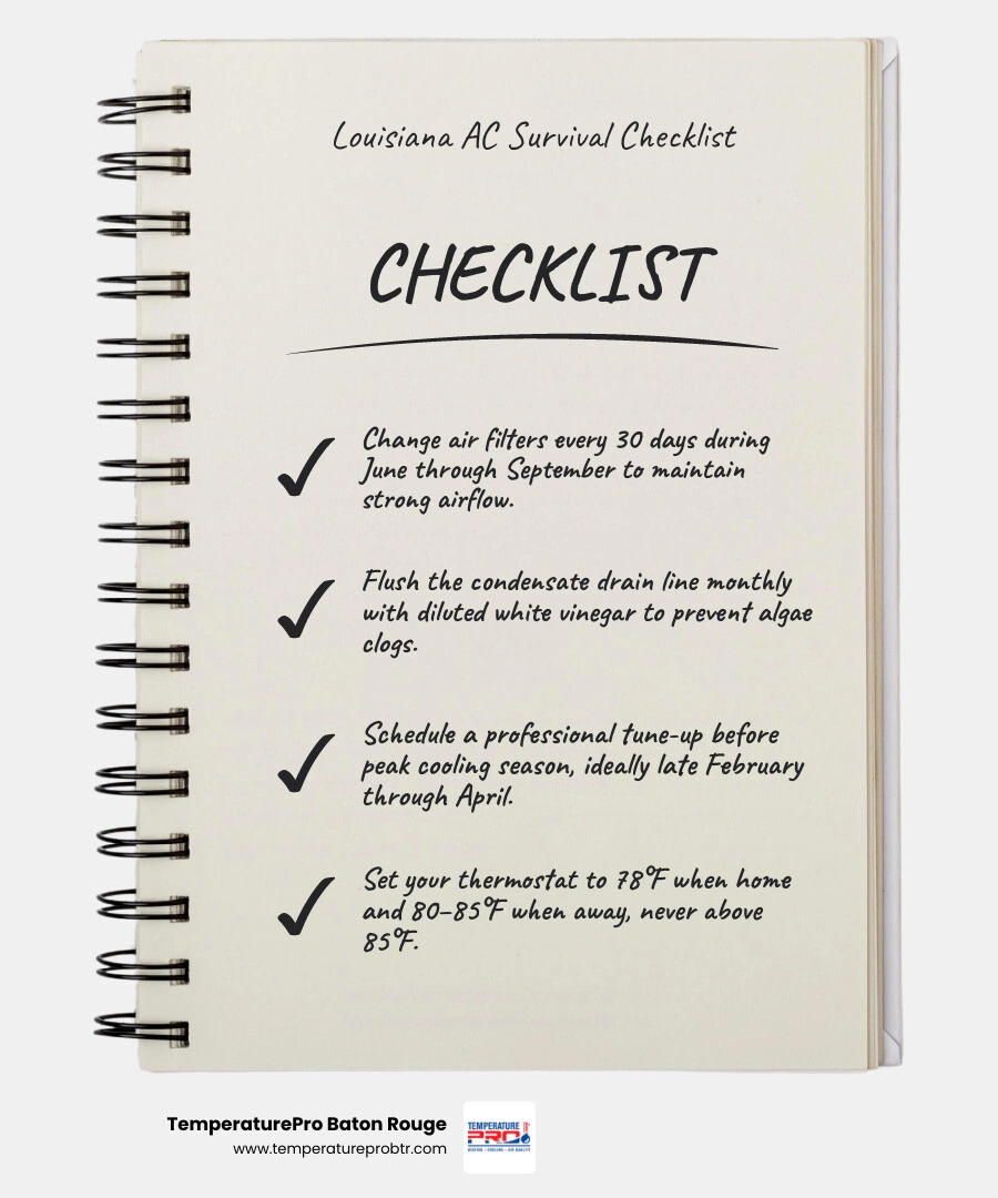 Infographic showing Louisiana AC survival checklist: filter schedule, thermostat settings, drain line care, tune-up timing Infographic showing Louisiana AC survival checklist: filter schedule, thermostat settings, drain line care, tune-up timing