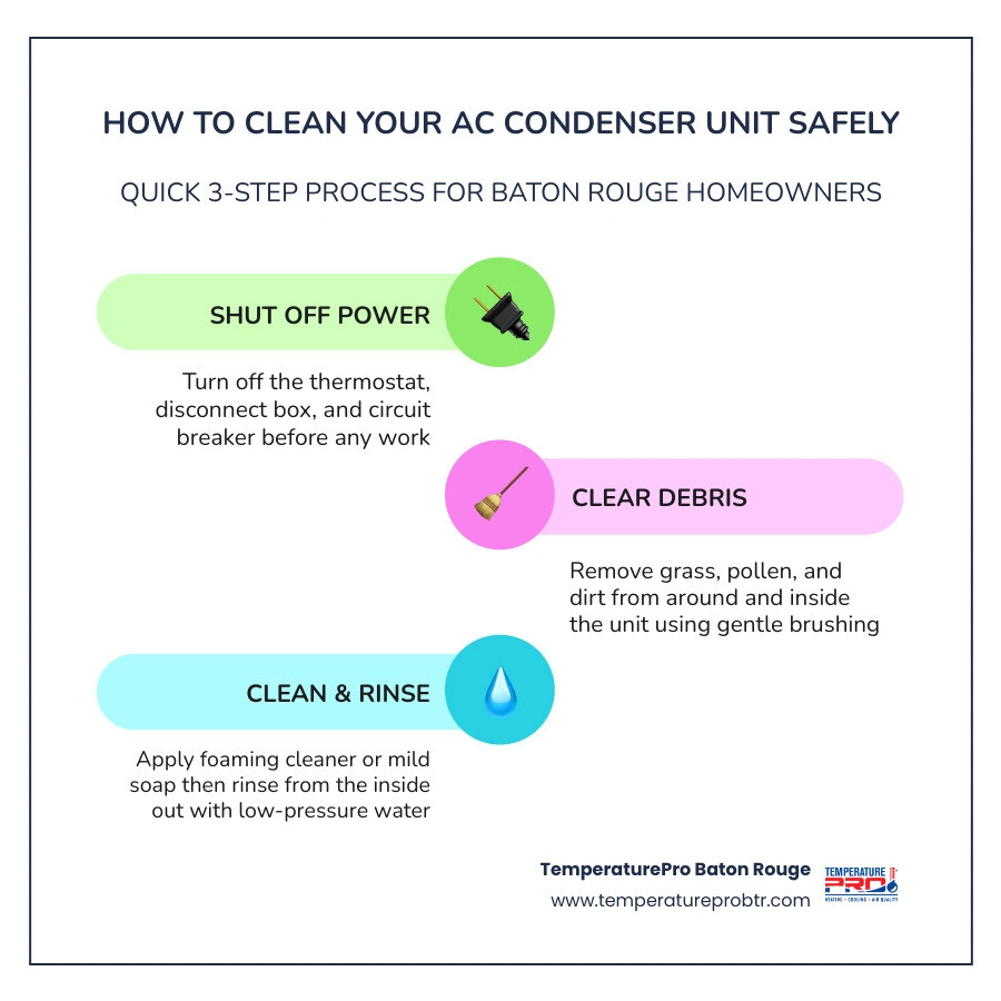 Infographic showing 8 steps to clean an AC condenser unit safely with icons for each step infographic Infographic showing 8 steps to clean an AC condenser unit safely with icons for each step infographic