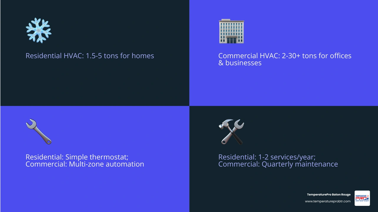 Infographic comparing residential vs commercial HVAC systems: size, placement, controls, drainage, and maintenance - how Infographic comparing residential vs commercial HVAC systems: size, placement, controls, drainage, and maintenance - how
