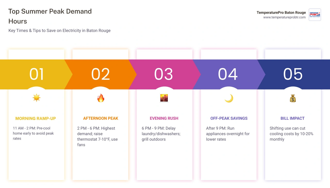 Infographic showing summer peak demand hours, top energy-saving tips, and potential bill savings percentages infographic