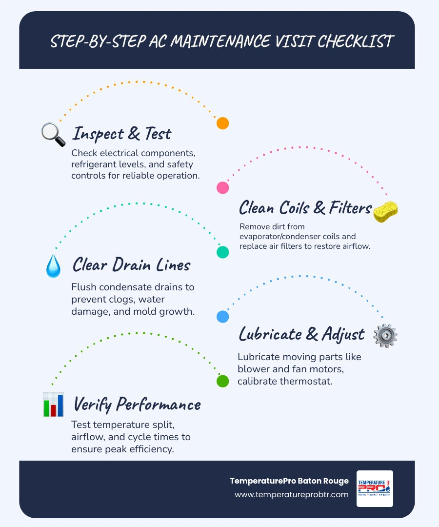 Step-by-step AC maintenance visit checklist infographic showing filter check, coil cleaning, refrigerant check, electrical Step-by-step AC maintenance visit checklist infographic showing filter check, coil cleaning, refrigerant check, electrical