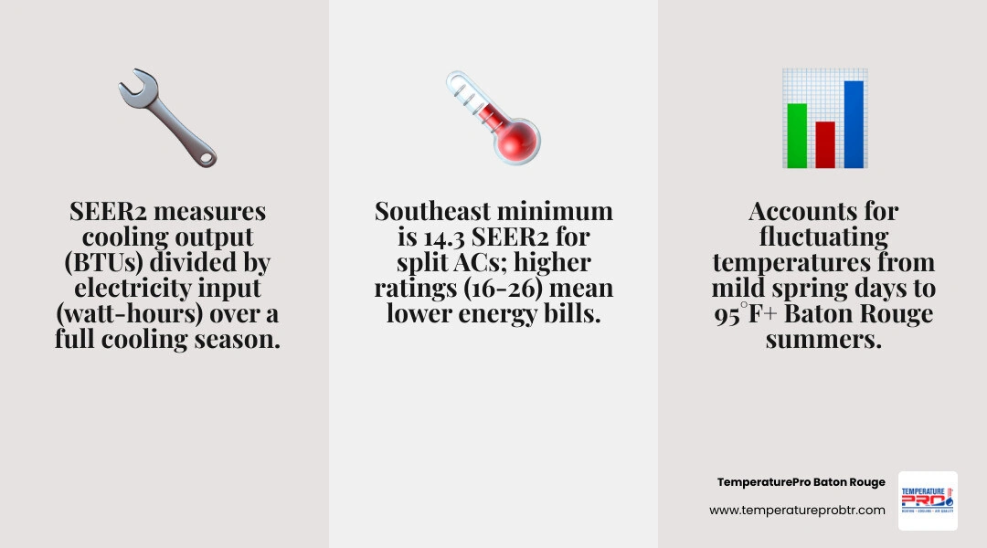 Infographic explaining SEER2 calculation, testing parameters, and regional minimums for AC units - what is a seer2 rating on Infographic explaining SEER2 calculation, testing parameters, and regional minimums for AC units - what is a seer2 rating on