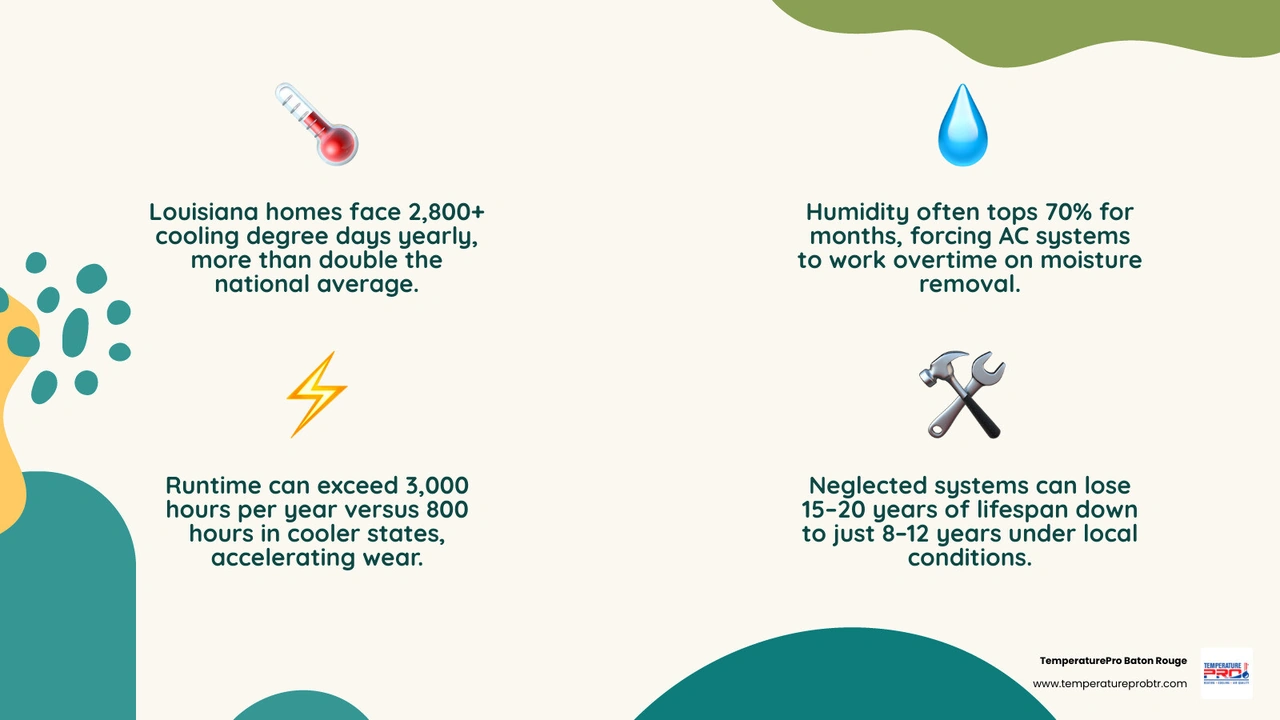 Infographic showing Louisiana HVAC challenges by season: humidity, algae, storm season, and energy tips year-round Infographic showing Louisiana HVAC challenges by season: humidity, algae, storm season, and energy tips year-round