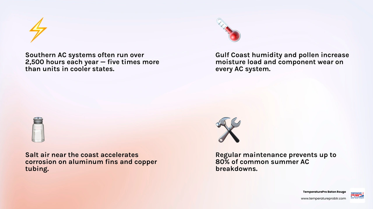 Infographic showing key benefits of regular AC maintenance in the South including energy savings, lifespan, air quality, and Infographic showing key benefits of regular AC maintenance in the South including energy savings, lifespan, air quality, and