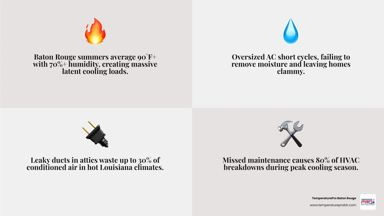 Infographic showing how heat, humidity, duct leaks, and missed maintenance reduce HVAC performance in Baton Rouge infographic