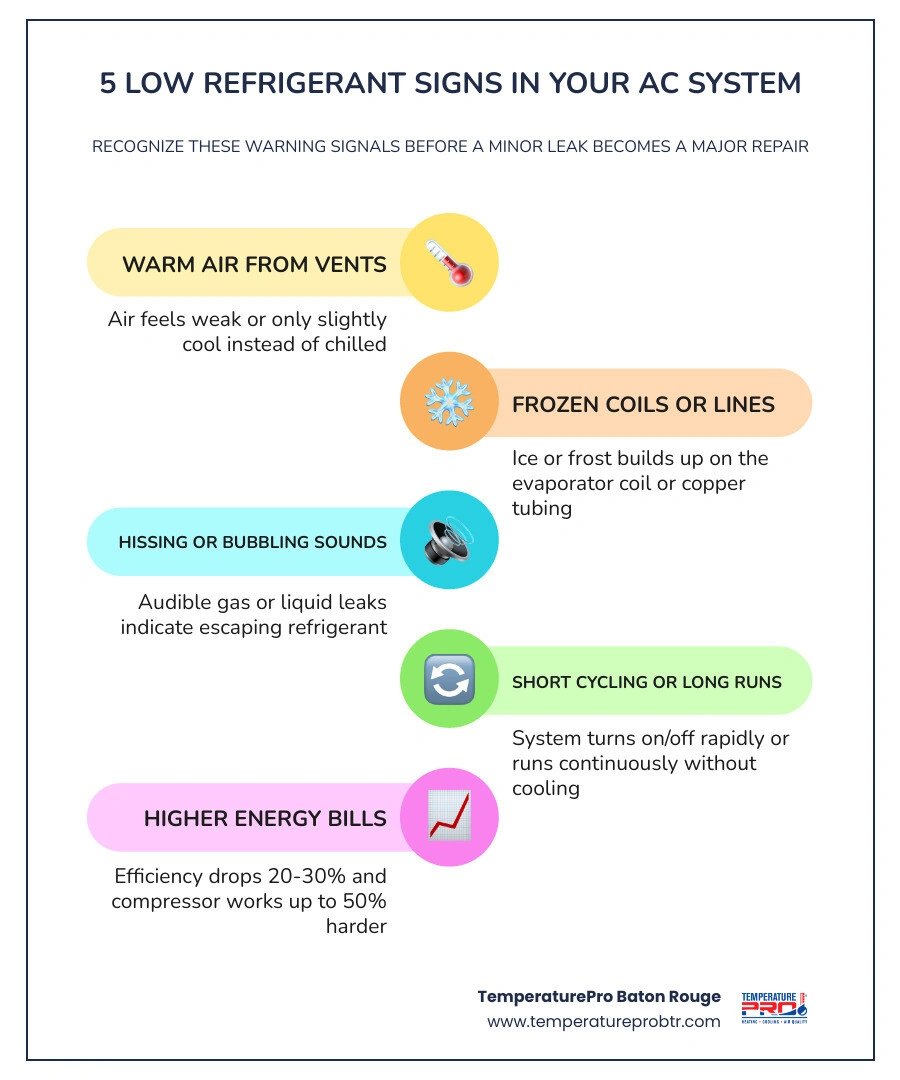 Infographic showing 5 low refrigerant signs in an AC system with brief descriptions of each symptom infographic