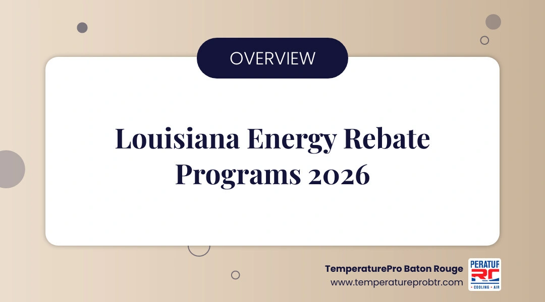 Louisiana energy rebate programs overview infographic showing HER, HEAR, LIHEAP, and utility rebates with eligibility tiers