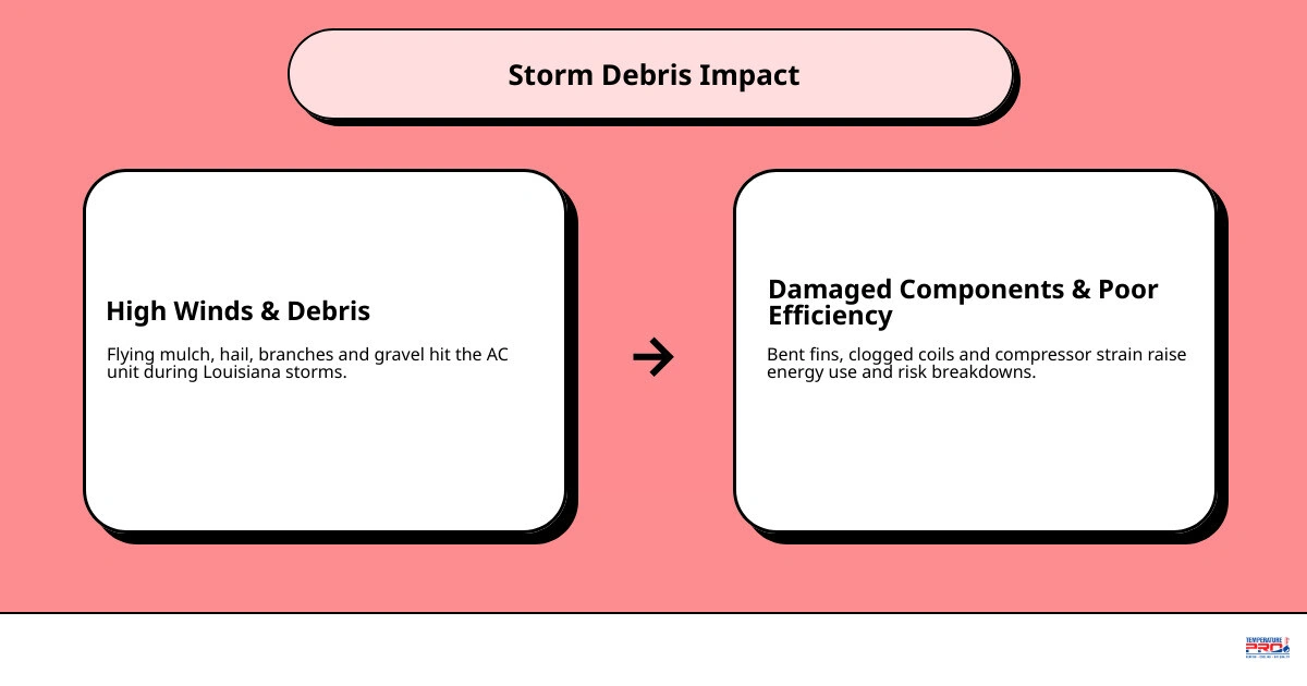 Infographic showing how storm debris damages outdoor AC unit components including fins, coils, compressor, and electrical