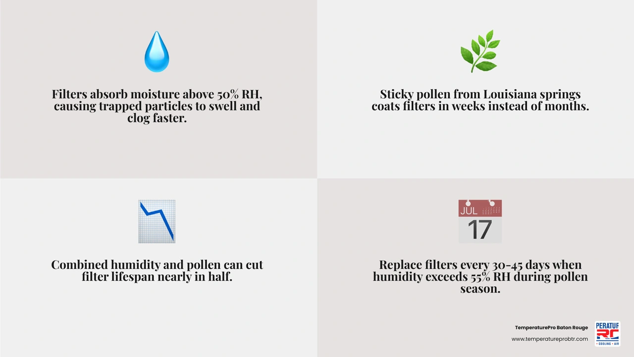 Infographic showing how humidity above 50% RH and peak pollen season shorten HVAC filter lifespan from 90 days to 30-45 days Infographic showing how humidity above 50% RH and peak pollen season shorten HVAC filter lifespan from 90 days to 30-45 days