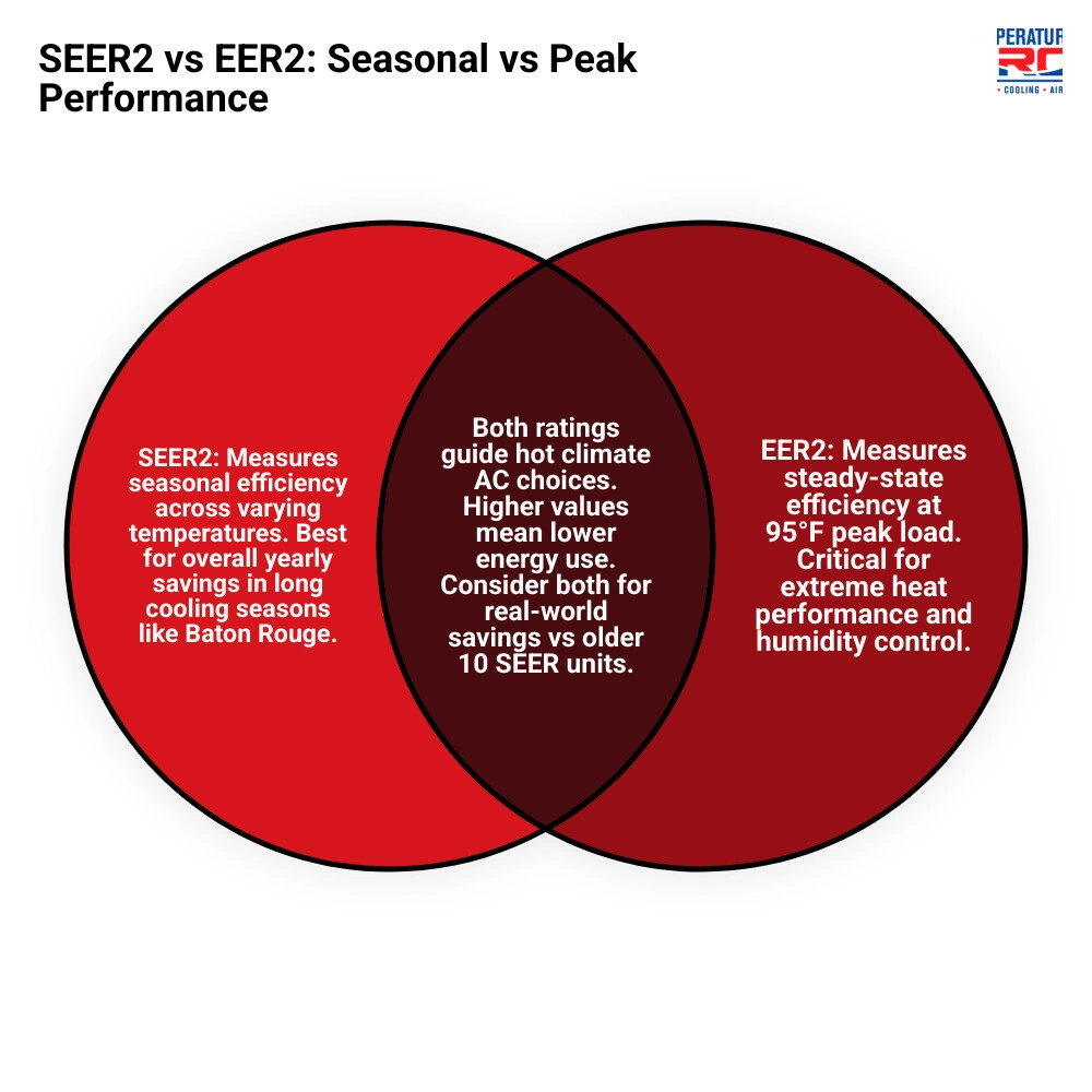 Infographic comparing SEER vs SEER2 testing protocols, efficiency tiers, and hot climate performance metrics infographic