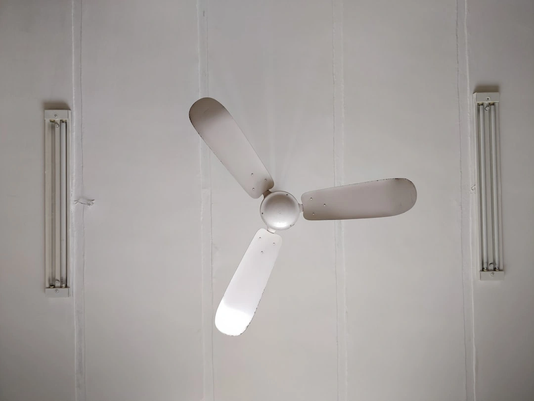Ceiling fan rotating counter-clockwise in a bright living room