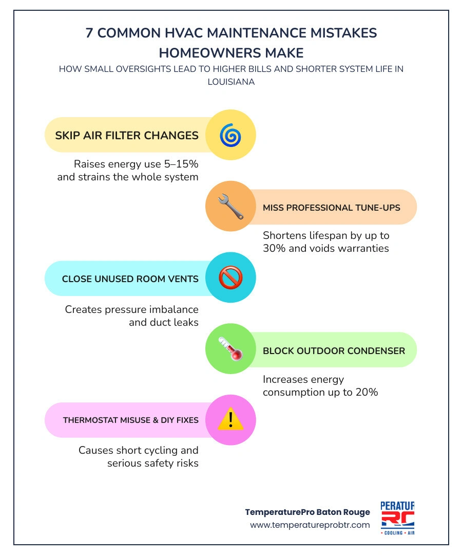 Infographic showing 7 common HVAC maintenance mistakes homeowners make and their impact on energy bills and system lifespan Infographic showing 7 common HVAC maintenance mistakes homeowners make and their impact on energy bills and system lifespan