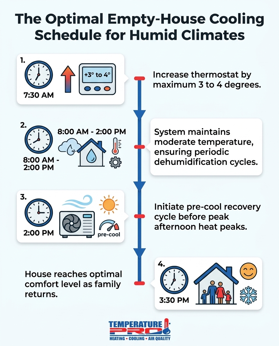 The Optimal Empty-House Cooling Schedule for Humid Climates