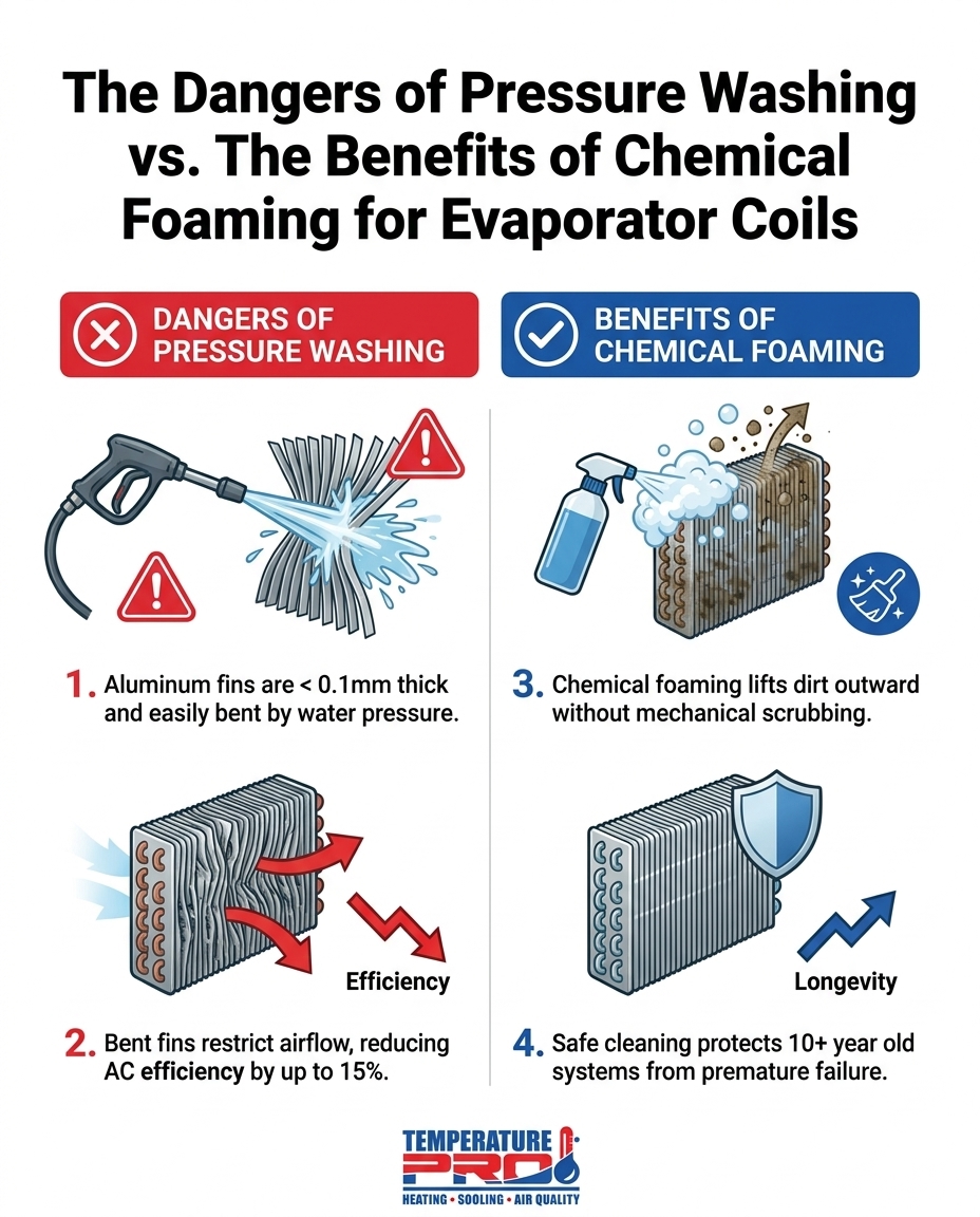 The Dangers of Pressure Washing vs. The Benefits of Chemical Foaming for Evaporator Coils