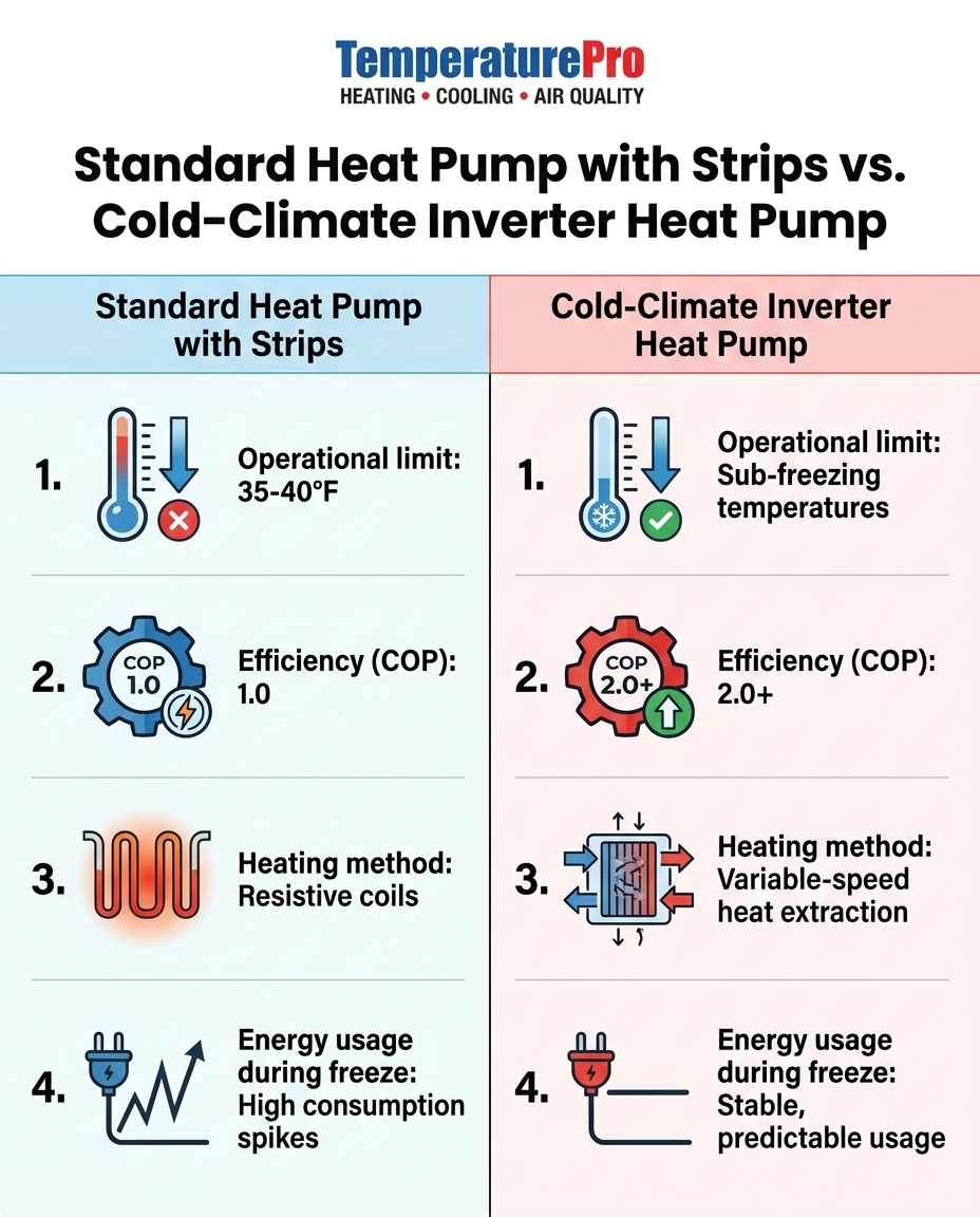 Standard Heat Pump with Strips vs. Cold-Climate Inverter Heat Pump