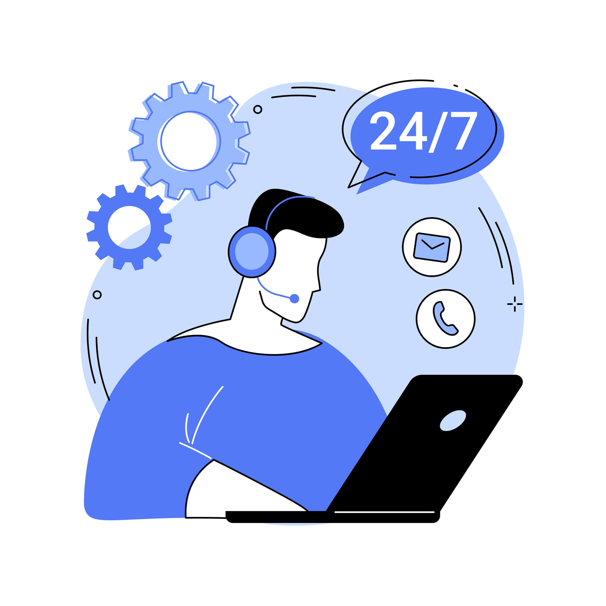 Illustration of a 24/7 customer support agent wearing a headset, working on a laptop, surrounded by icons for phone, email, and gears.