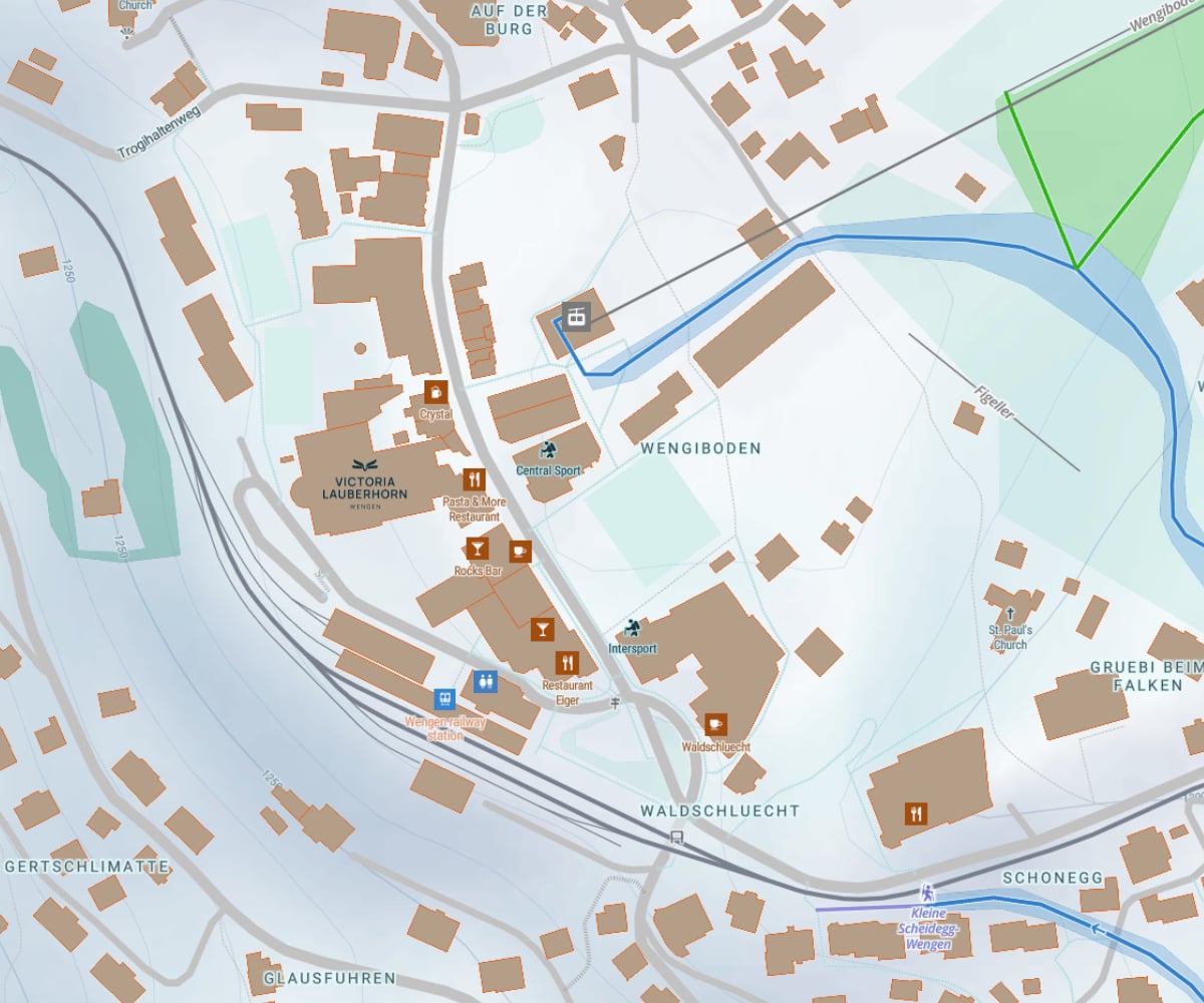 Village map of Wengen with Victoria Lauberhorn marked on the Dorfstrasse, beside the Wengernalpbahn station, the ski rental shops and the Männlichen cableway