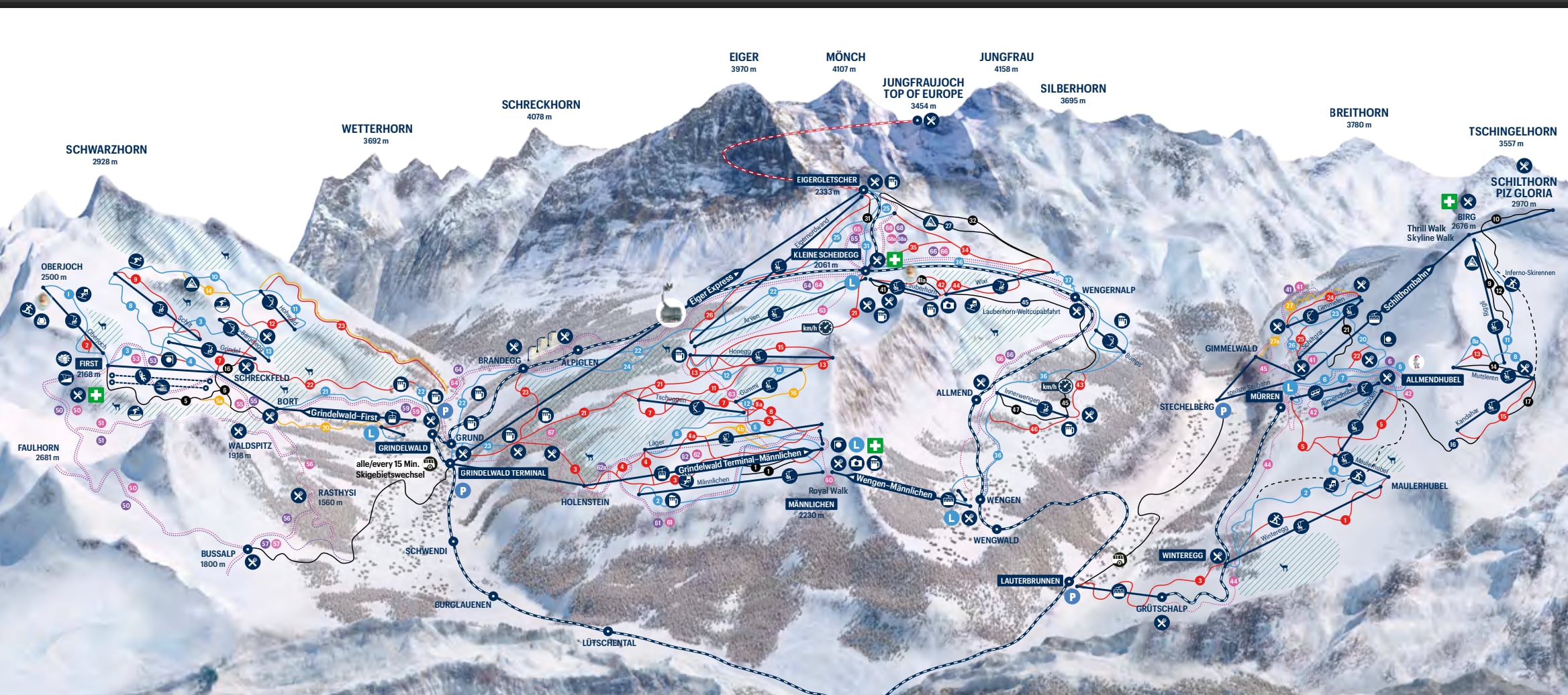 Panoramic piste map of the Jungfrau Ski Region showing the Grindelwald, Wengen and Mürren sectors below the Eiger, Moench and Jungfrau